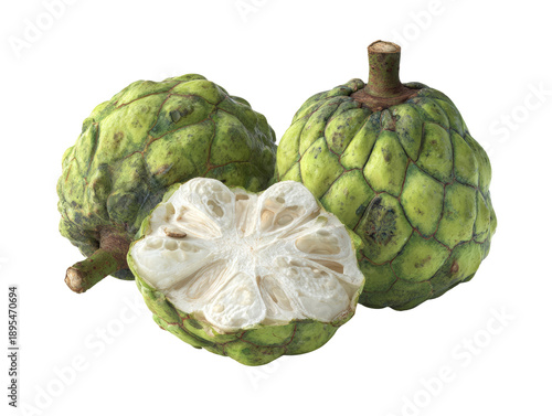 Three fresh custard apples, one of them sliced open revealing the juicy, textured flesh. A vibrant close-up of a delicious and nutritious fruit Isolated Transparent Background, PNG