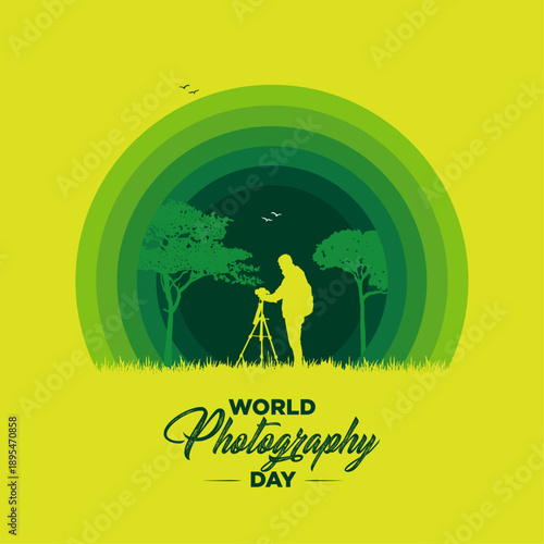 World photography day vector illustration art with photographer with green background