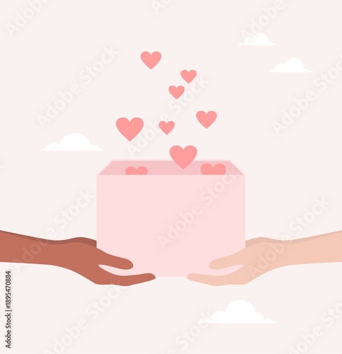 Two pairs of hands holding an open pink box with hearts flying out of it. Flat vector illustration