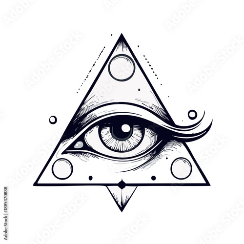 fine line tattoo design, mystical all-seeing eye inside a minimalist triangle, occult symbols, clean black ink outline,