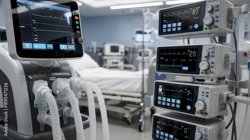 Intensive care neuro unit bay with a focused ventilator and infusion pumps while patient bed and background medical devices remain out of focus creating depth.