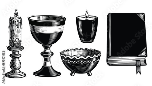 Chalice, Goblet, Candle, and Book Woodcut Icons Set.eps