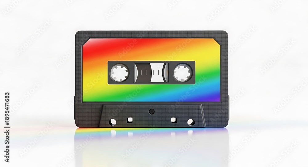 Obraz premium Vibrant cassette tape with rainbow label on white background representing retro music era