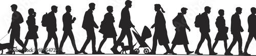 People walking silhouettes illustration, diverse crowd in motion with families and commuters, black vector artwork representing daily life, urban society and movement