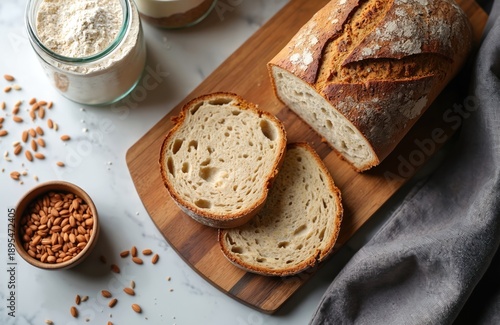Rustic artisan sourdough bread loaf and slices sit on wooden board with flour jar almonds. Crusty, homemade whole grain baked goods ready for eating.