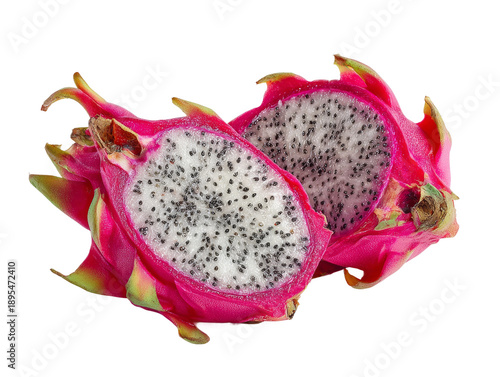 A close-up shot of a vibrant dragon fruit, cut open to reveal its unique interior Isolated Transparent Background, PNG