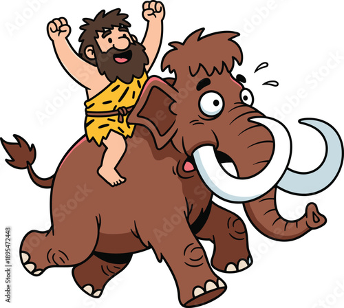Funny caveman riding woolly mammoth cartoon illustration, prehistoric adventure character, playful stone age animal art for children design