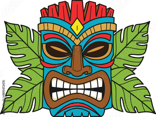 Colorful tribal tiki mask illustration, fierce polynesian style totem face with tropical leaves for tattoo design branding and cultural art