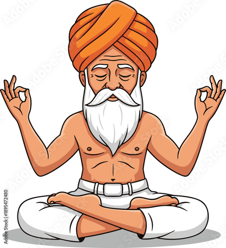 Meditating yogi guru cartoon illustration, peaceful Indian sage character practicing yoga meditation for spirituality wellness mindfulness and relaxation concepts