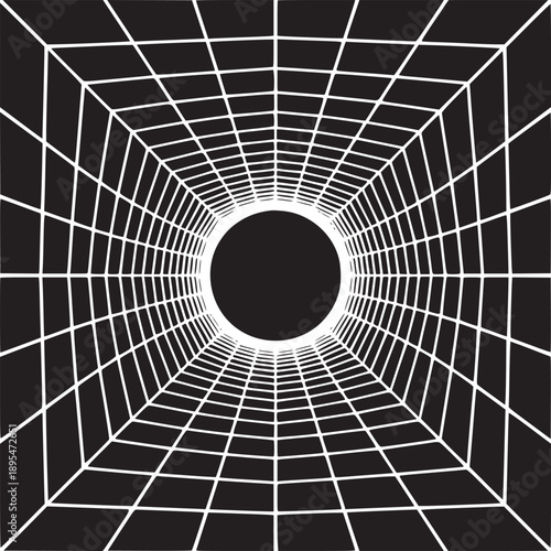 A black hole effect with a white grid receding into the distance on a black and white background