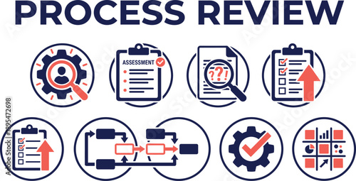 Process review concept illustration, assessment analysis workflow optimization quality improvement checklist and performance evaluation icons for business management