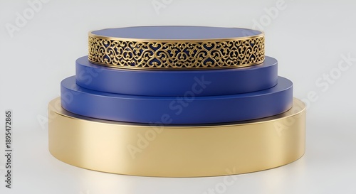 Elegant Tiered Display Pedestal with Gold Accents and Blue Surfaces Against a Soft Gray Background Ideal for Product Presentation and Award