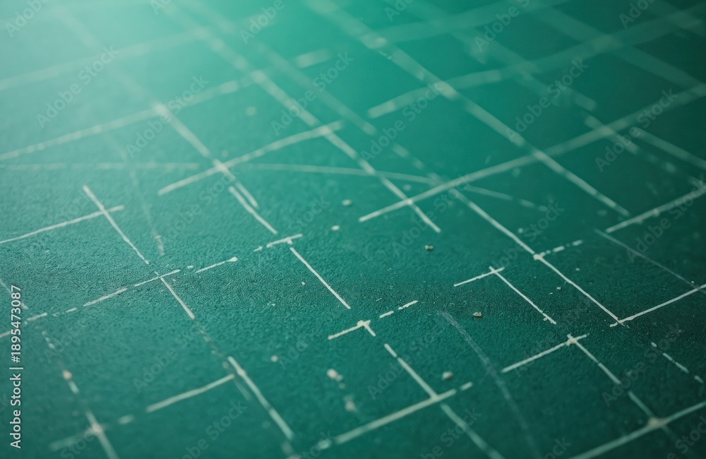 Fototapeta premium Green cutting mat surface with grid lines. Shows texture and scratches from crafting and cutting. Ideal for DIY, art, or sewing projects backdrop.