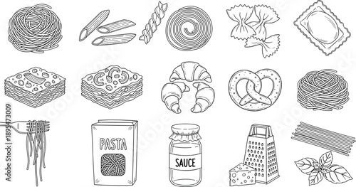 Hand drawn pasta food illustrations collection with spaghetti, penne, lasagna, sauce and ingredients, Italian cuisine elements, sketch style vector isolated