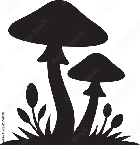 Mushrooms silhouetted against a plain white background with foliage and plants surrounding them.