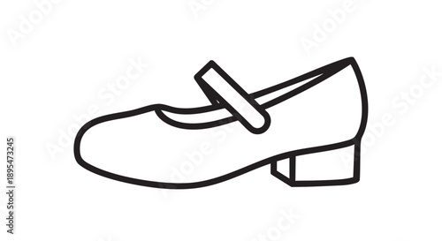 Simple black line drawing of a single women's low-heeled shoe with strap from a side view