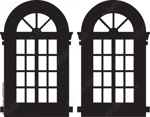 Two arched windows with grid panes and decorative tops viewed from outside in a simple illustration