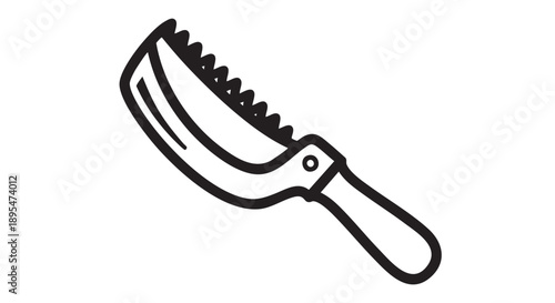 A simple black and line illustration of a sharp knife with a serrated edge and a handle on a clean background from a straightforward viewpoint