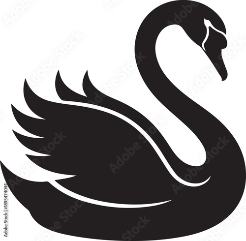 A black swan glides smoothly across a serene lake, illustration, side view