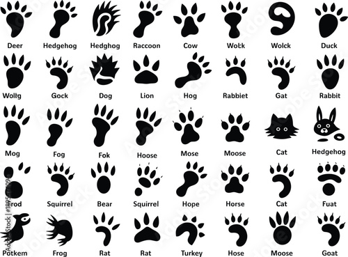Animal track icons, paw print silhouettes, wildlife footprint chart, nature trail marks, vector graphic set, educational design, biodiversity symbols, identification