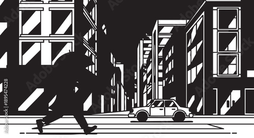 Pedestrian crossing road with car approaching at night in urban cityscape with tall buildings