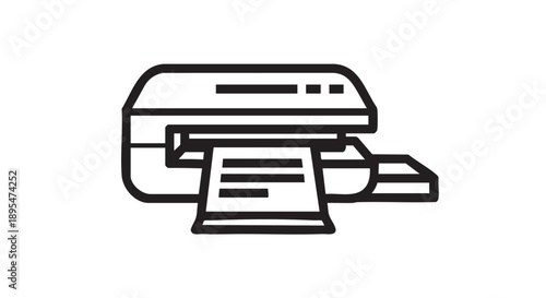 A simple line drawing of a printer producing a document from a top viewpoint in an office environment