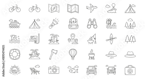 Travel, Camping & Outdoor Activities Line Icons Set – Adventure, Nature, Hiking, Tourism & Exploration Symbols