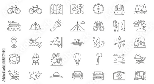 Outdoor Adventure & Camping Line Icons Set – Travel, Hiking, Nature, Sports & Exploration Symbols