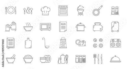Kitchen & Cooking Line Icons Set – Food Preparation, Utensils, Appliances & Culinary Tools Symbols