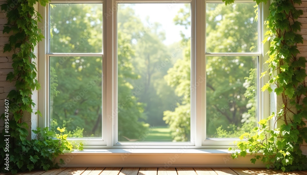 Fototapeta premium View from window with green ivy plants. Sunlight streams through glass onto wooden floor. Rich trees and foliage visible outside. Peaceful nature scene.