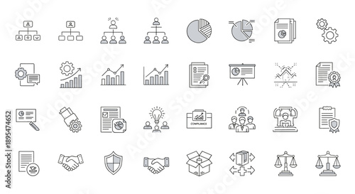 Business Process & Operations Line Icons Set – Workflow, Management, Analytics, Security & Optimization Symbols