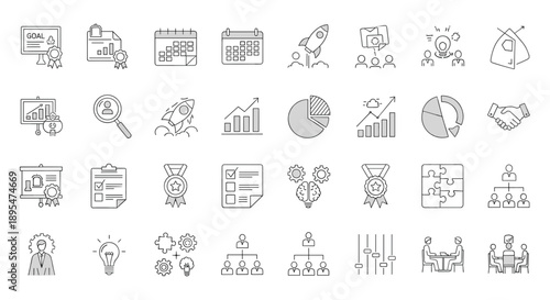 Marketing & Data Analytics Line Icons Set – Research, Strategy, Charts, SEO & Performance Symbols
