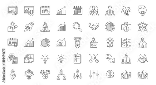 Business Analytics & Management Line Icons Set – Data, Strategy, Performance & Teamwork Symbols