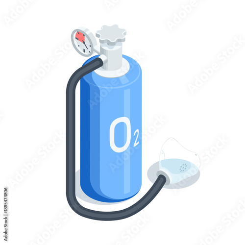 Isometric vector oxygen cylinder and mask, in color on a white background, medical equipment or items for sports