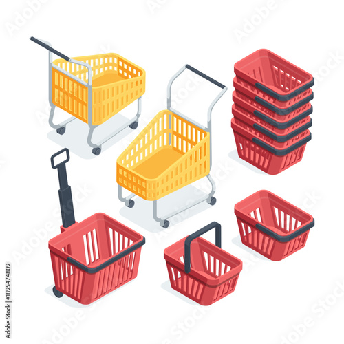 Isometric vector set of different types of shopping baskets, in color on a white background, supermarket shopping