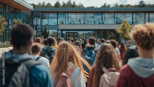 Group of students with backpacks walking toward a modern school building on a bright morning