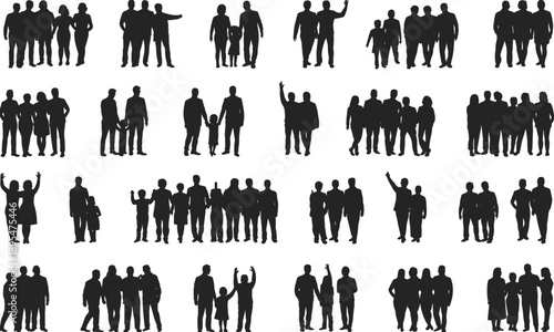 People group silhouette icon set, black flat vector men, women and families standing, walking and socializing in various poses for crowd, community and graphic design