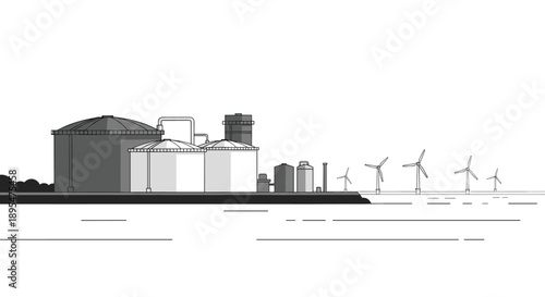 Industrial Energy Plant near Water Monochromatic Illustration