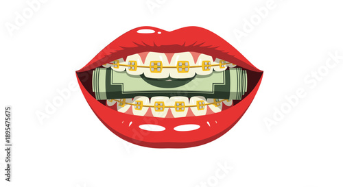 Mouth with Red Lipstick and Braces Biting a Roll of Cash