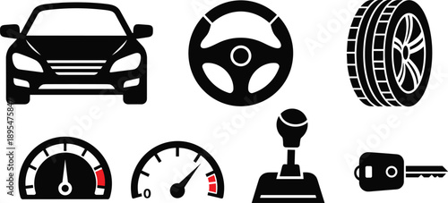 Black and White Icon Set of Car Components Including Steering Wheel, Tire, Speedometer, Tachometer, Gear Shift, and Key
