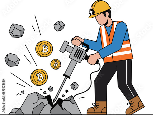 Cartoon Illustration of Construction Worker Mining Bitcoin with Jackhammer and Safety Gear Representing Cryptocurrency Excavation Concept