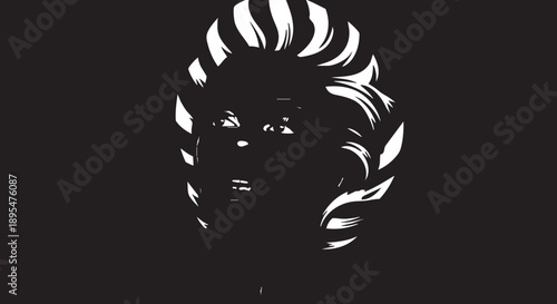 A black and white illustration of a person's face surrounded by flowing hair