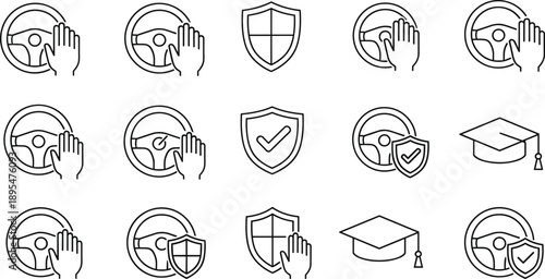 Driving safety and education icon set with black-and-white line illustrations of steering wheels, shields, graduation caps, and hands.