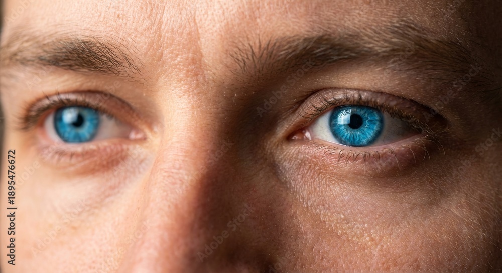 Naklejka premium Pair of intense bright blue eyes of a man looking at the camera in an extreme close-up view showing detailed iris, skin texture, and wrinkles