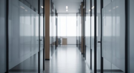 A blurred bright and empty modern office hallway with glass partition walls dark frames wooden accents and a large window at the distant end featuring a reflective floor
