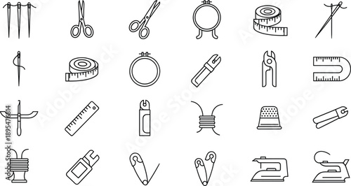 Black and White Icon Set of Sewing and Tailoring Tools Including Needles, Scissors, Rulers, Thread, and Studio Equipment