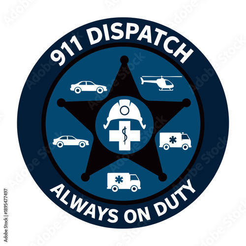 911 dispatch emergency services badge with vehicles and medical symbols