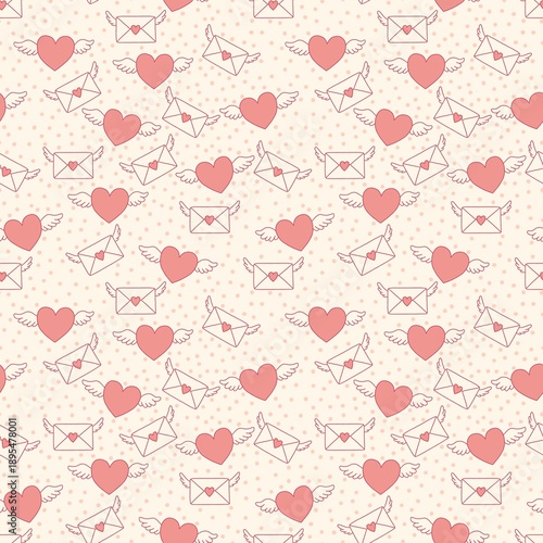 Bild auf Leinwand seamless pastel pattern with hearts, wings and love letters for valentines day,