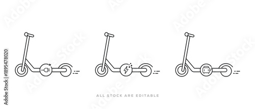 Electric Scooter Line Icon Set. Road Transport line Icon. with Charging, energy, power and Battery Symbol. Vector illustration