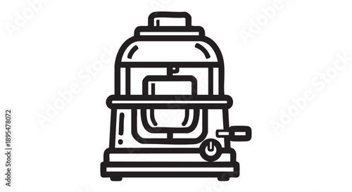 A simple line illustration of a coffee maker on a kitchen counter, viewed from the front in a domestic environment.